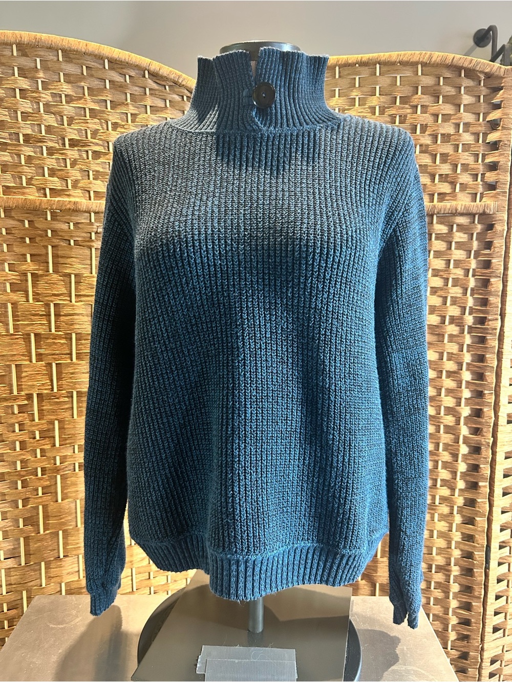 Dark Teal Chunky Knit Mock Neck Button Sweater Cotton Blend Medium